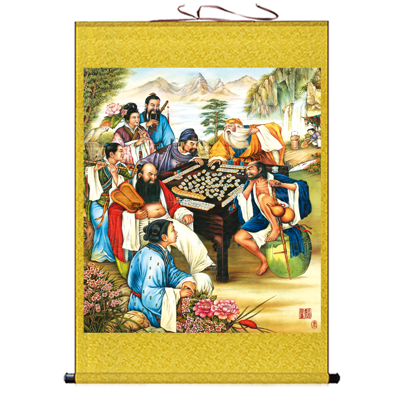 八仙打麻将卷轴画麻将馆家居装饰画客厅会所人物丝绸画八仙图挂画
