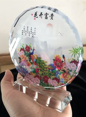 国画九鱼图九条鱼装饰画流水生财荷花富贵水晶摆件工艺品书桌装饰