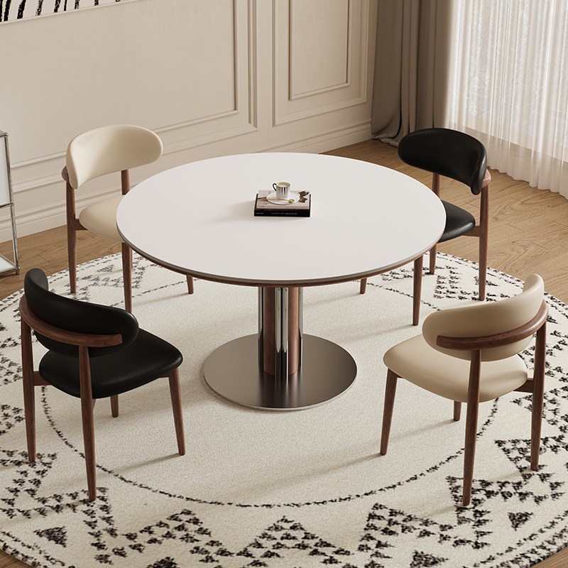 德利丰实木岩板餐桌法式奶油中古风小户型圆形全托纯白圆桌饭桌子