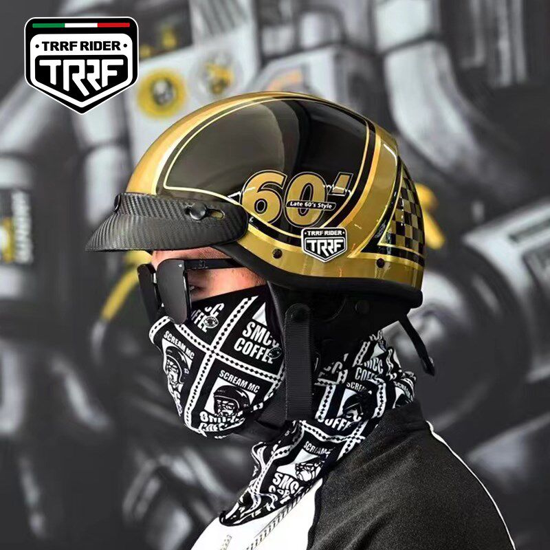 TRRF头盔碳纤维复古半盔男女摩托车巡航哈雷瓢盔机车个性四季通用