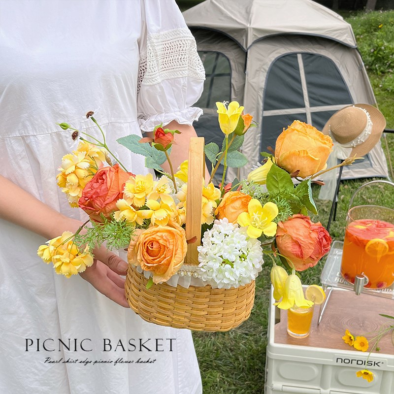 高档珍珠花篮餐桌花摆花装饰花卉仿真花假花花艺摆设露营道具