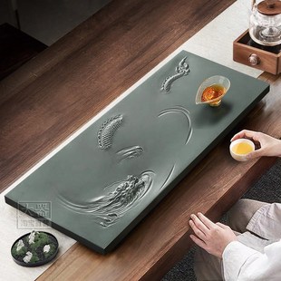 石头浮雕办公室茶台T龙吸水天罗绿茶 天然乌金石茶盘客厅家用中式