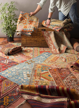 阿富汗手工ilim羊毛地毯卧室客厅书房绿色衣帽间