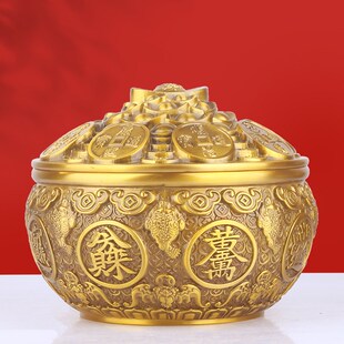 纯黄铜聚宝盆如意金蟾带盖存钱罐客厅店铺装饰品业送礼米缸