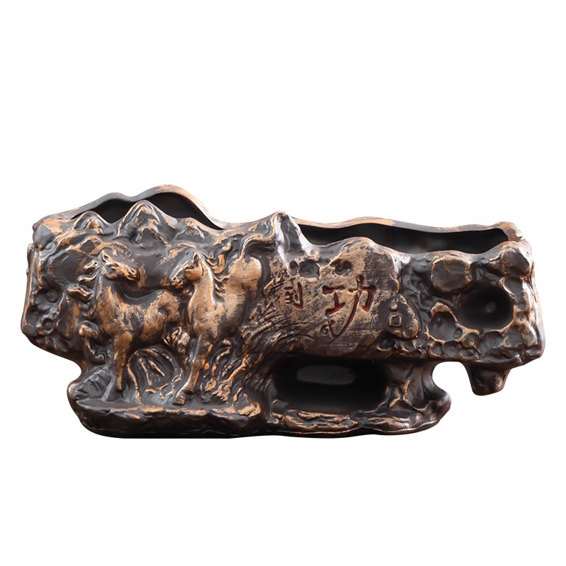 中式小叶紫檀花盆陶瓷大口径马到成功家用透气盆栽盆桌面摆件带托