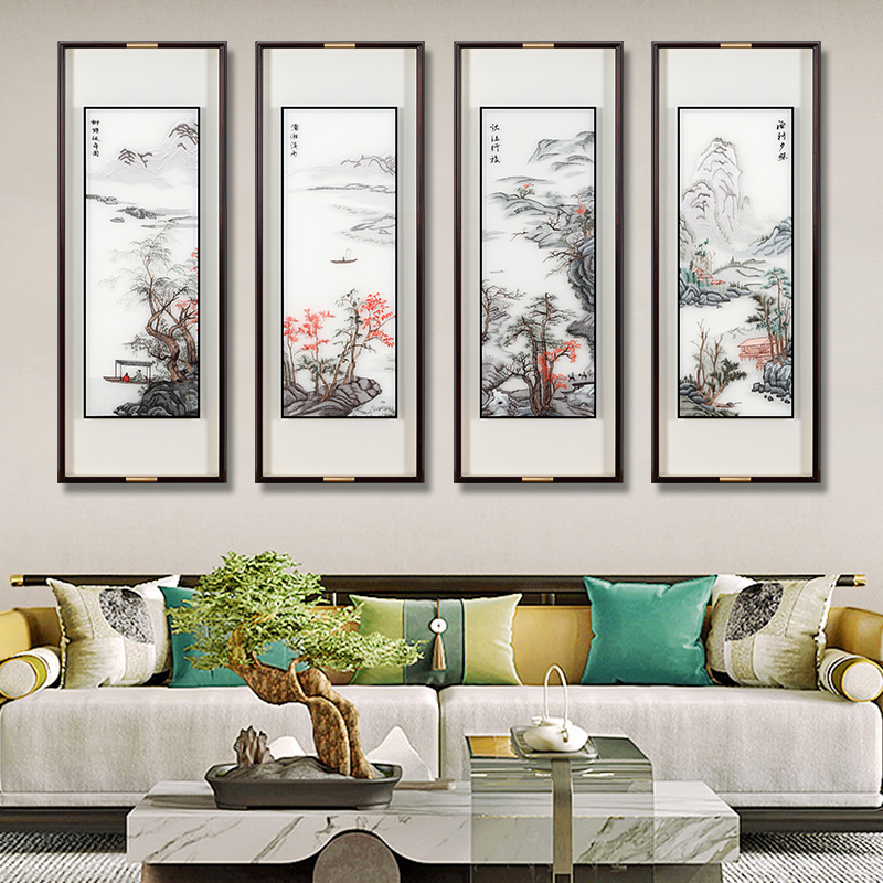 苏州刺绣手工成品挂画梅兰竹菊四联组合壁画高档沙发背景墙装饰画图片