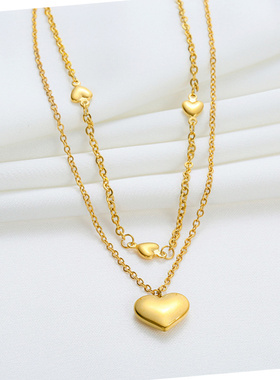 金色爱心钛钢双层锁骨链轻奢
