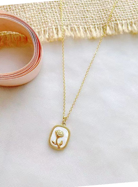 新款小众简约金色玫瑰花吊坠项链