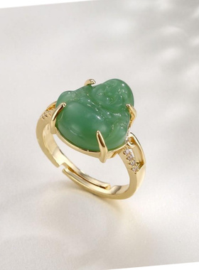 新款轻奢复古绿玉弥勒佛活口女戒