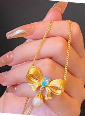 2025新款金色蝴蝶结蓝钻锁骨链
