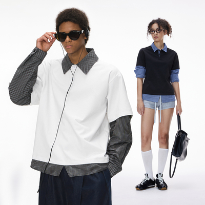 UPXIW美式潮牌假两件长袖T恤秋季新品学院风格纹拼接polo上衣男士