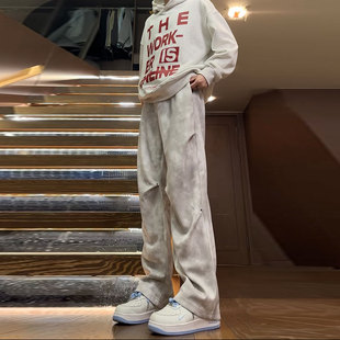 柔软舒适加绒保暖宽松休闲百搭直筒裤 uPXiw美式 高街扎染脏脏裤