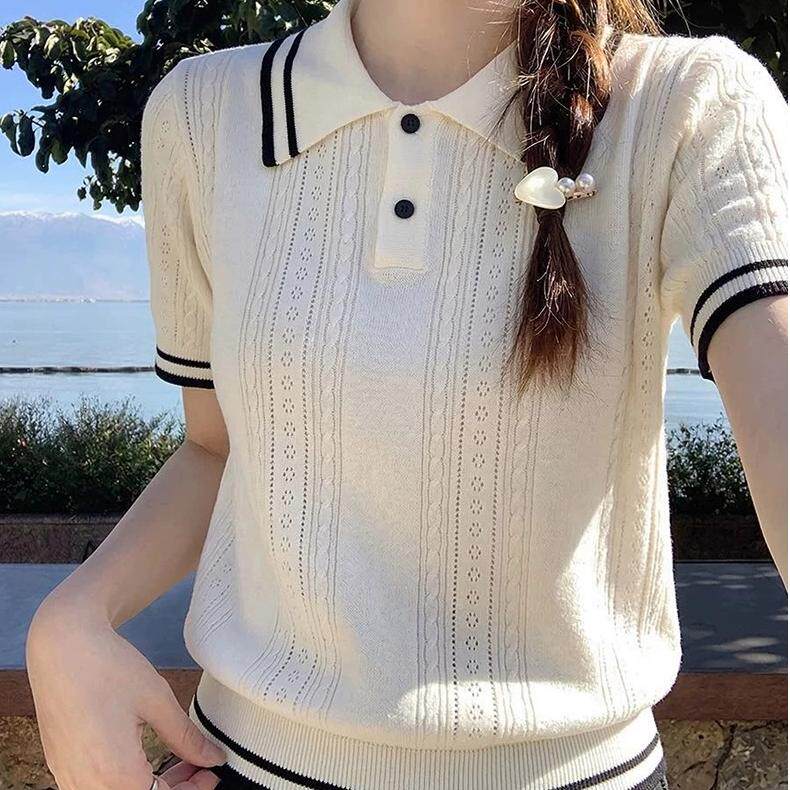 轻熟气质撞色polo领针织衫女夏季薄款麻花学院风透气显瘦百搭上衣