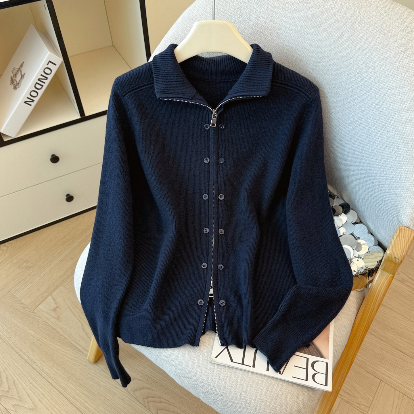 现货双拉链立领长袖毛衣开衫女