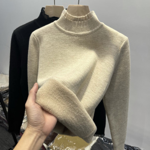洋气打底衫 半高领加绒加厚毛衣女2025秋冬新款 蕾丝边一体绒针织衫