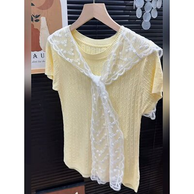 夏季薄款嫩黄针织短袖刺绣披肩