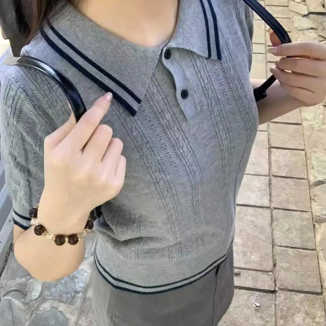 韩系通勤Polo领针织短袖女夏季撞色条纹麻花显瘦气质短款百搭上衣