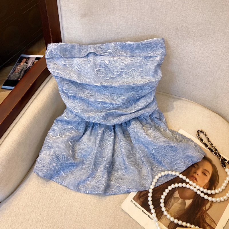 蓝色重工提花抹胸背心女夏2025新款设计感小众遮肚子裙摆无袖上衣