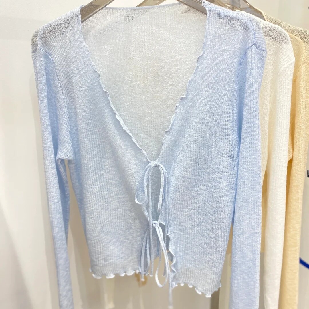 夏季薄款木耳边系带针织开衫女图片