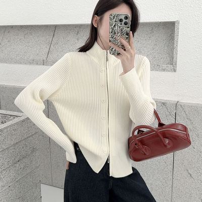 韩系坑条针织开衫半拉链翻领