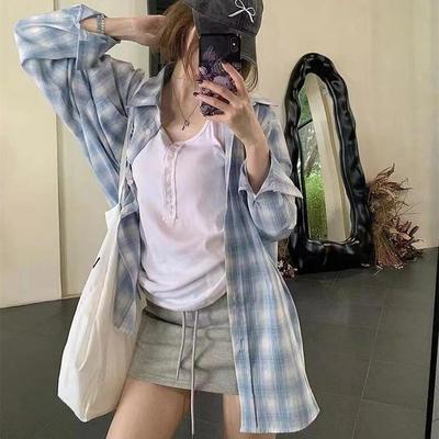 2025新款新款慵懒风Polo领格子长袖衬衫女款夏季薄款休闲宽松高品