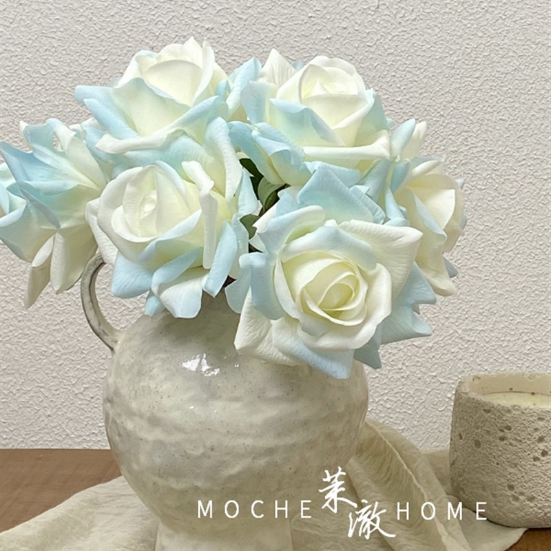 茉澈碎冰蓝保湿手感玫瑰花彷真花适合搭配覆古法式小花瓶桌面装饰