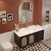 新款 复古藤编橡木浴室柜陶瓷一体盆洗漱台洗脸盆柜 法式