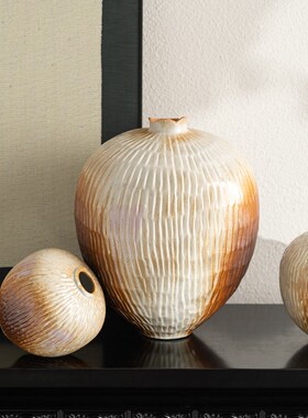 zon 大地色斑驳复古陶瓷瓶侘寂风装饰玄关粗陶瓶插器