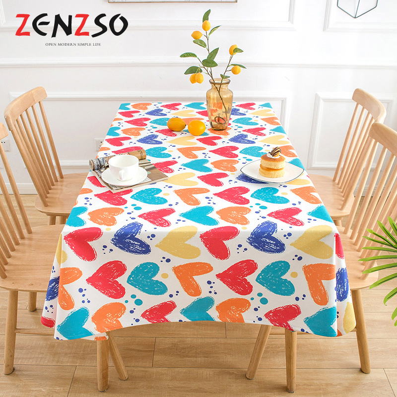 生日派对棉麻混纺防水时尚圆桌布正方形茶几客厅饭厅餐桌布爱心
