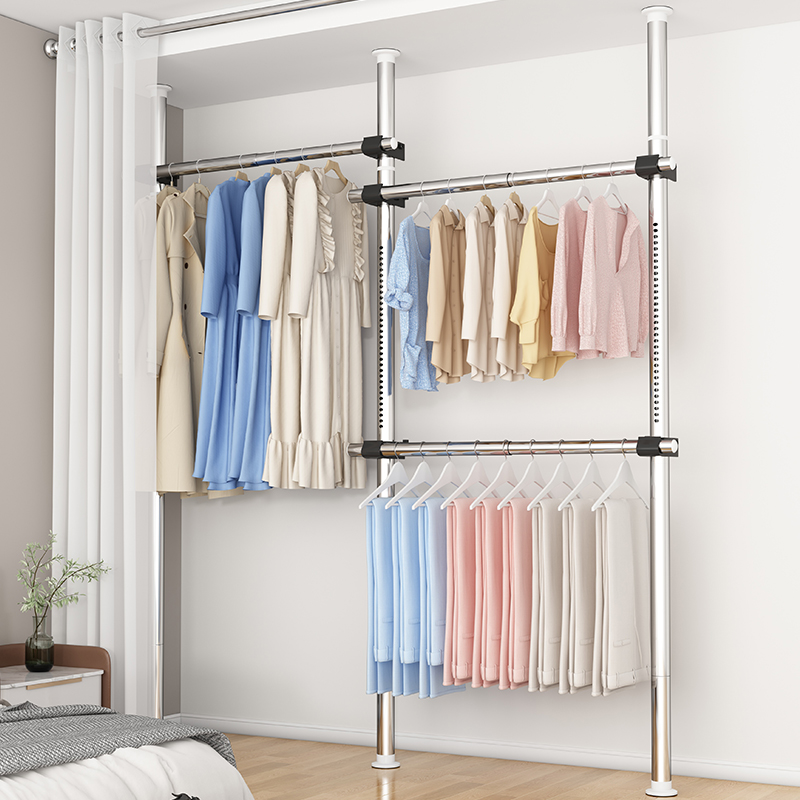 顶天立地置衣架家用落地卧室伸缩挂衣杆衣帽间简易衣帽架晾衣杆子