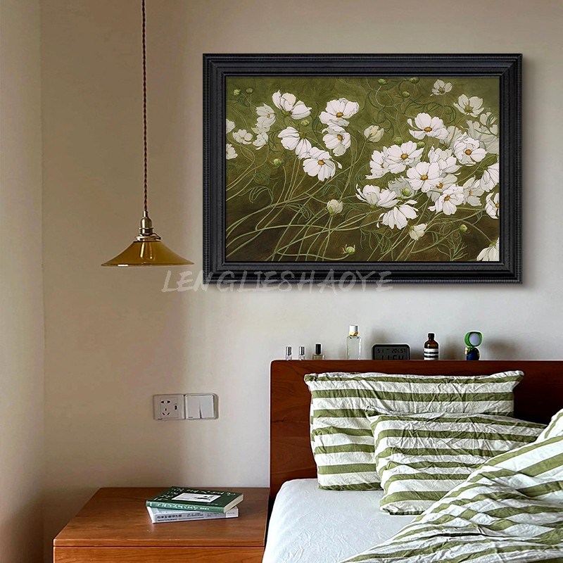 侘寂风客厅玄关植物白色花卉高级感手绘油画法式卧室中古装饰挂画图片