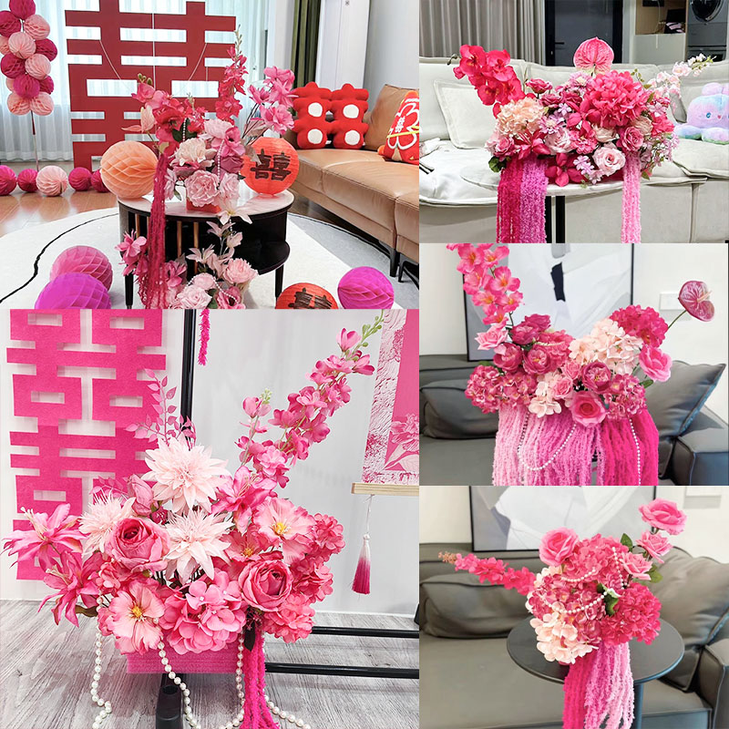 订婚布置装饰摆台玫红色仿真花桌面结婚客厅茶几花摆设高级感