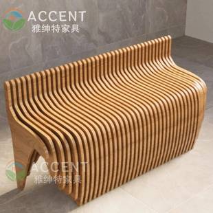 工业风木质切片长凳粗犷艺术木雕座椅商业空间个性装饰家具