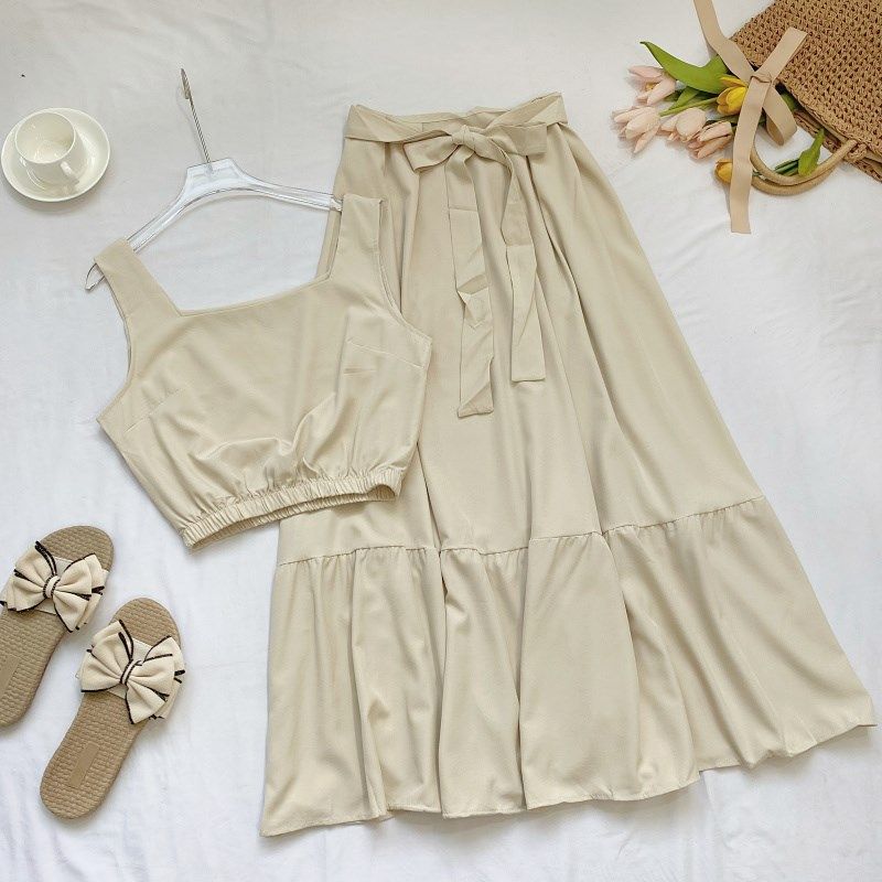 名媛气质方领吊带背心上衣+高腰显瘦绑带荷叶边半身裙两件套夏季,女装/女士精品,时尚套装,淘宝优惠券,粉丝福利购,淘宝优惠卷