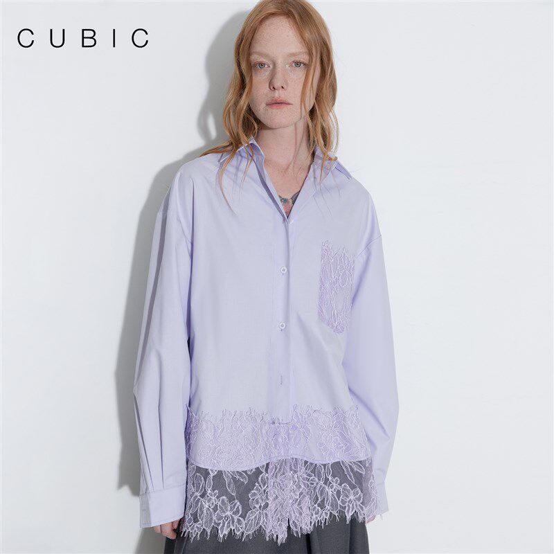 CUBIC午后伦敦 层次感气质蕾丝拼接宽松休闲衬衫
