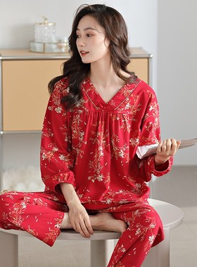 新款大红色睡衣女士纯棉春秋长袖中年妈妈本命年家居服结婚冬套装
