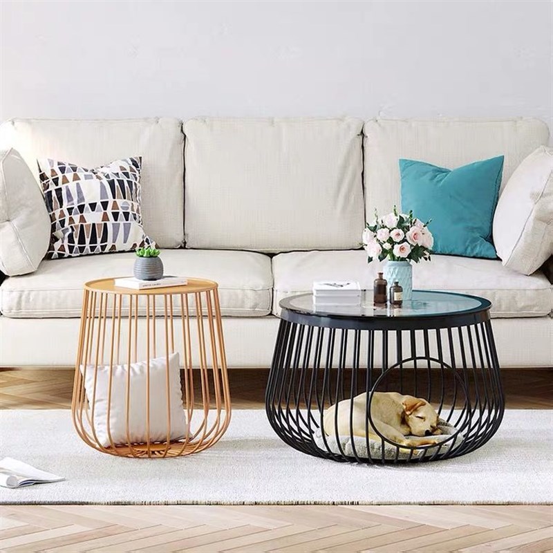 北欧简易茶桌客厅创意猫窝茶几圆形小户型铁艺家用人猫共用茶几