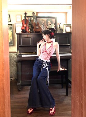 12YE深蓝色牛仔裤女夏季新款设计感洗水直筒宽松阔腿拖地休闲长裤