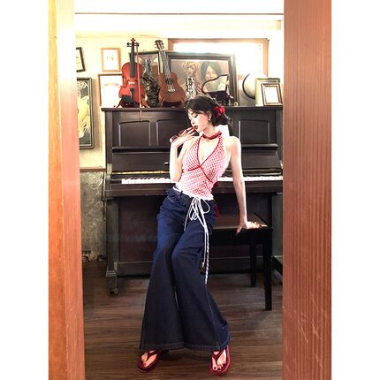 12YE深蓝色牛仔裤女夏季新款设计感洗水直筒宽松阔腿拖地休闲长裤