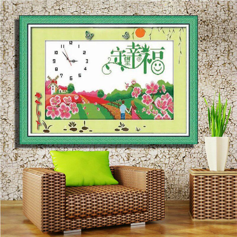 青飞精准印布十字绣守望幸福挂钟表守通往幸福的路(不含机芯)