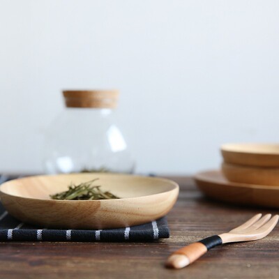 包邮 日式橡胶木圆盘原木碟子创意果盘木盘子点心碟餐具