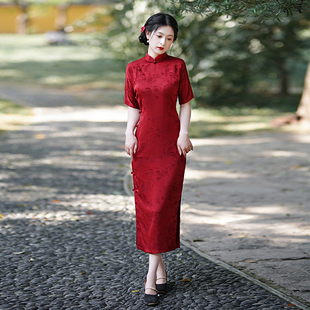 红色新中式古法全开襟旗袍一片式无省民国少女年轻气质传统大学生