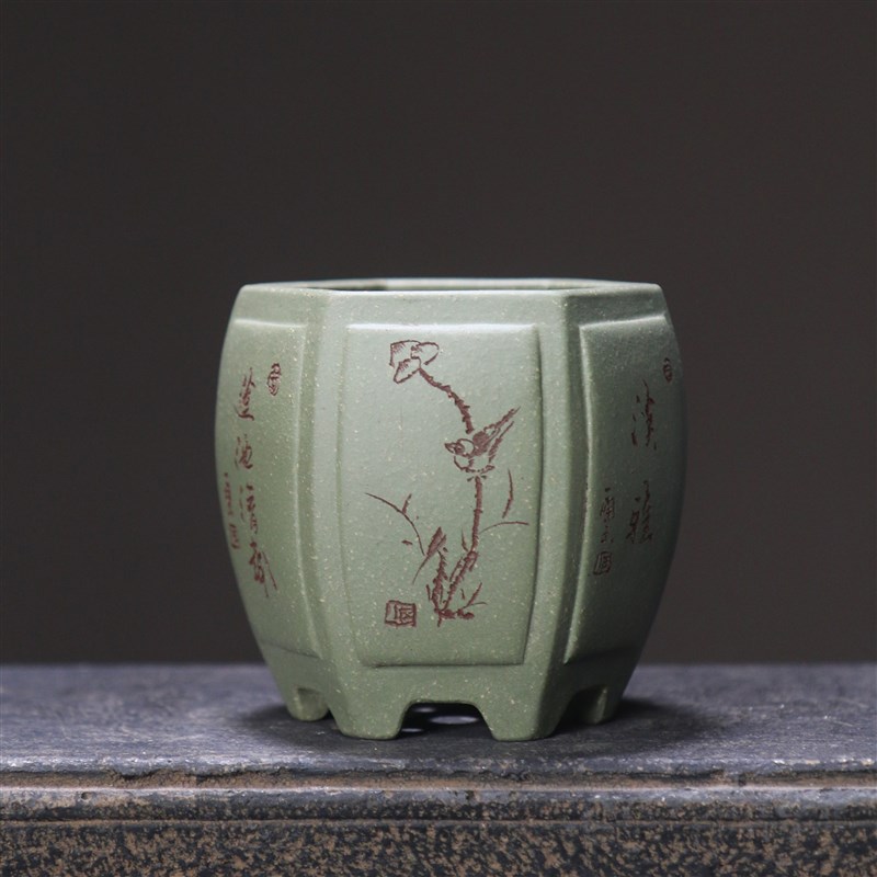 紫砂花盆刻绘小盆手工盆景盆绿泥降坡泥苏兵名家盆六方形宫灯盆