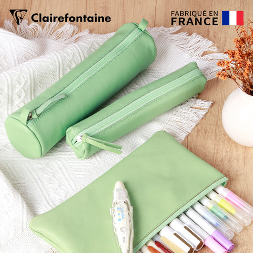 法国Clairefontaine克莱方丹柔软羊皮笔袋大容量真皮文具收纳袋CUIR TEINTE系列羊皮笔带马克龙色系纯色笔袋