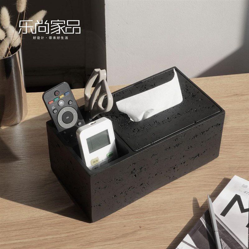 侘寂风砂岩洞石抽纸盒桌面创意纸巾盒客厅茶几遥控器收纳盒带隔断