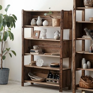 老松木三层落地书柜置物柜原木侘寂风复古办公室实木书架置物架