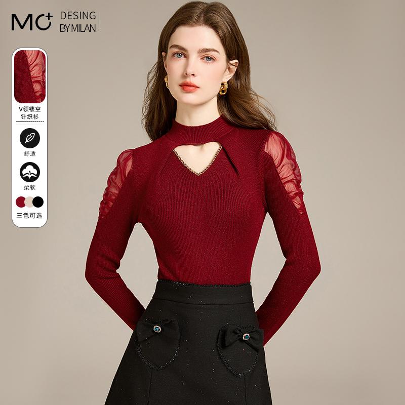 镂空半高领针织打底衫女2024秋装新款内搭修身设计感网纱毛衣上衣