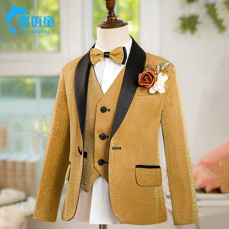 金色男童西装主持人礼服套装儿童演出服朗诵宴会婚礼演讲小西服