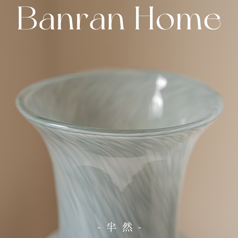 新中式艺术蓝色玻璃花瓶摆件客厅插花琉璃水养手工高级感半然鲜花