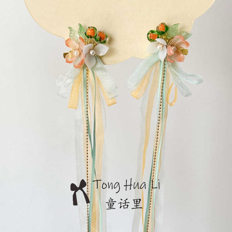 中秋古风小女孩黄色飘带黄素馨对夹儿童日常旗袍汉服丝带发夹头饰